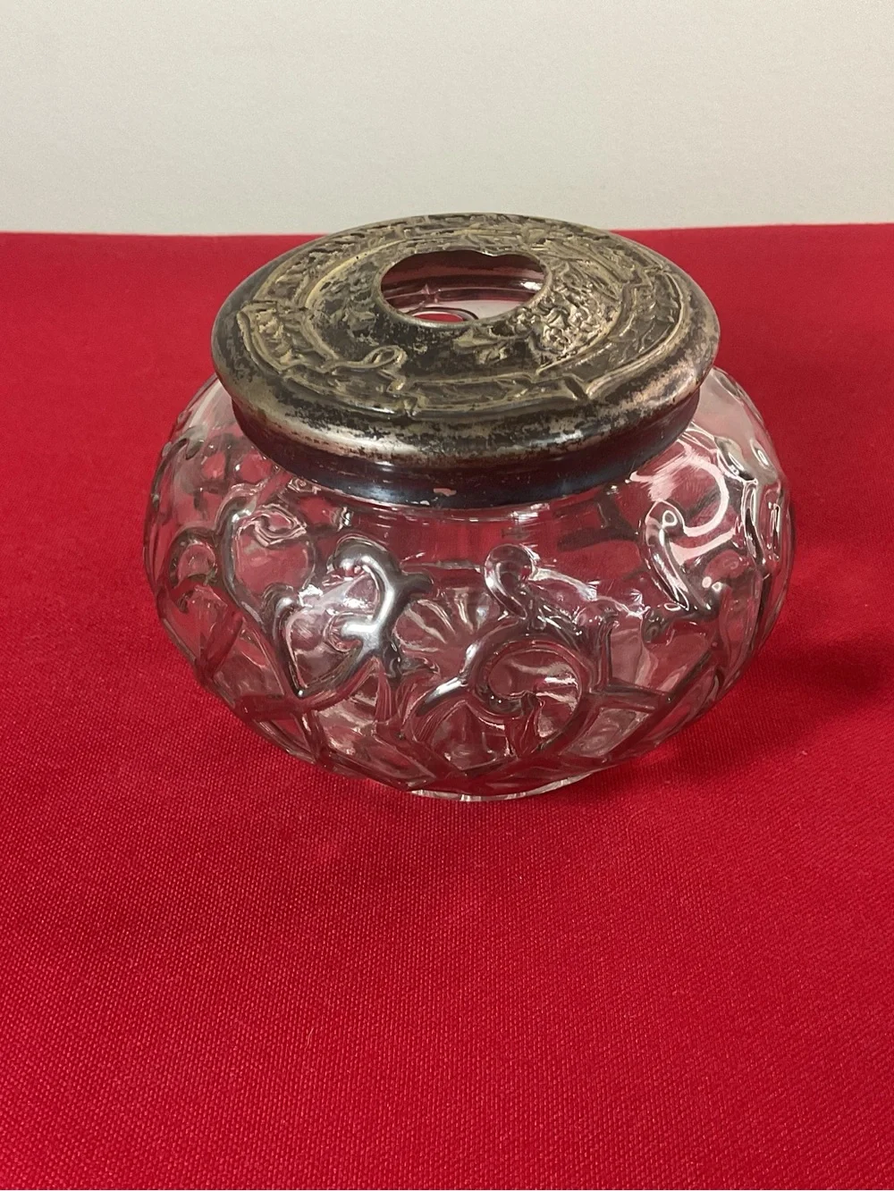 Vintage Clear Glass Vanity Jar with Silver Plated Lid Ornate Floral Vine Design
